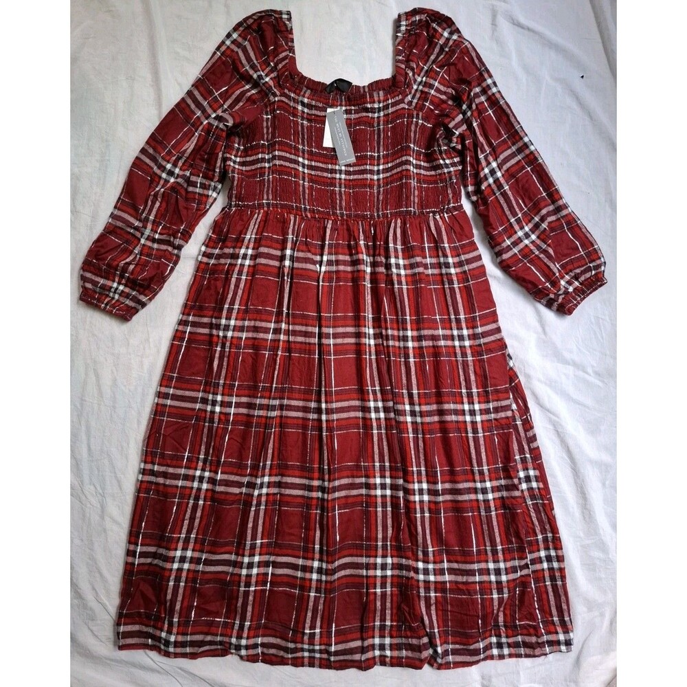 Lane Bryant Dress Red Plaid Square Neck Smocked Balloon Sleeves Womens 18/20 NWT - Picture 2 of 14